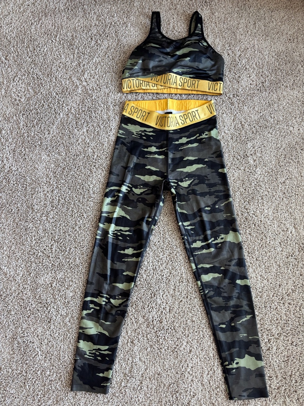 Victoria's Secret Camo Leggings & Sports Bra Set with Yellow Waistband